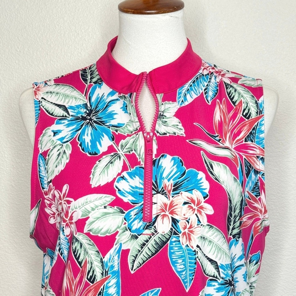 Tommy Bahama Golf Dress XL Tropical Floral Pink Zip Sleeveless Stretch Pockets - Picture 2 of 9